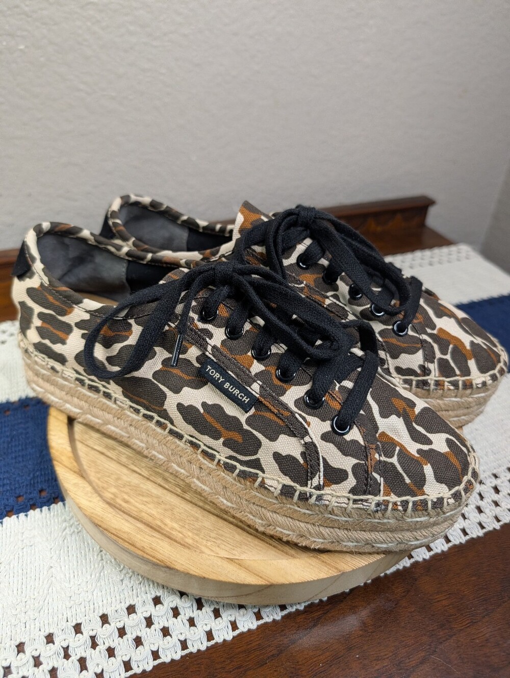 Tory Burch Seaside Leopard-Print Canvas Oxford Platform Espadrilles With Laces